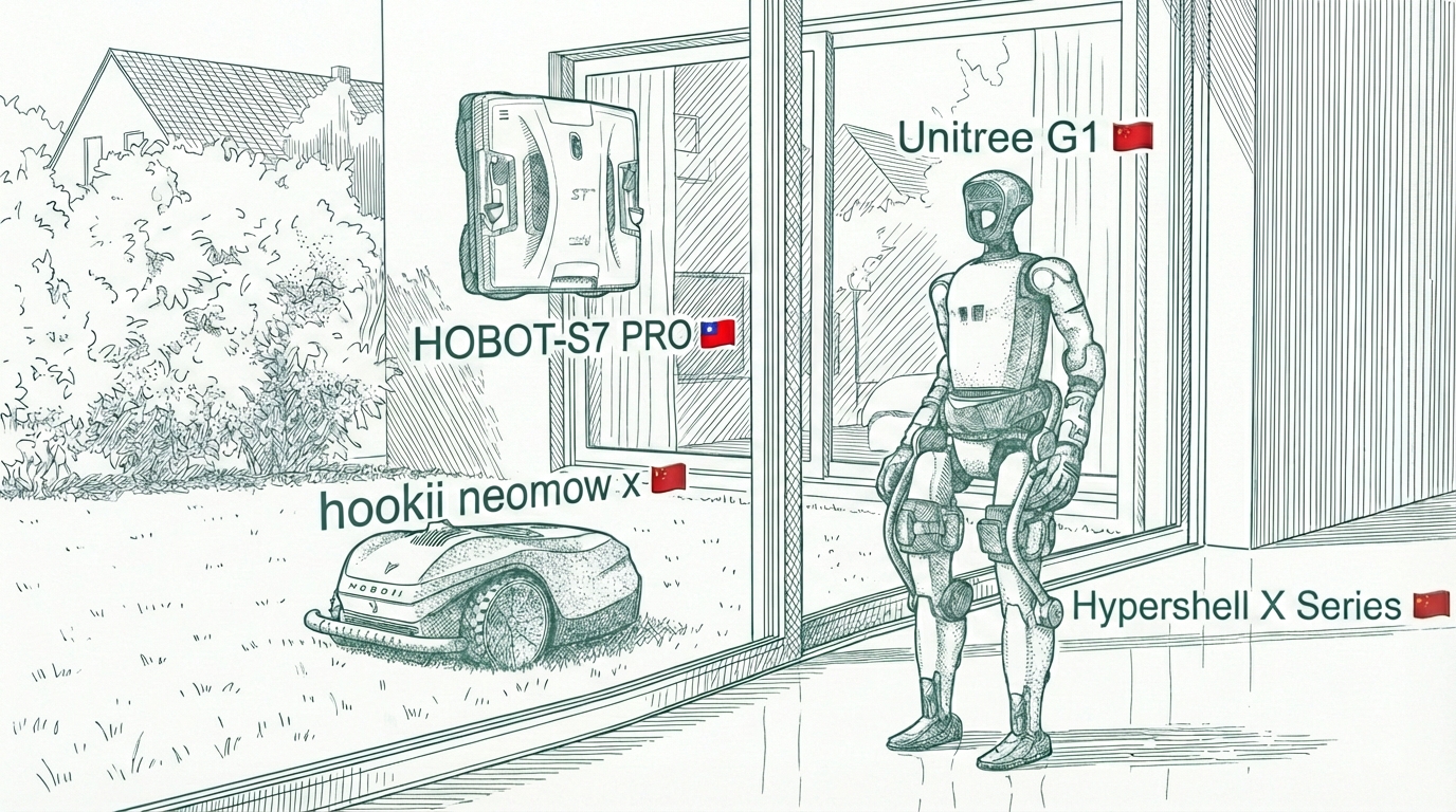 Hookii autonomous lawnmower, Hypershell powered exoskeleton, and HOBOT window-cleaning robot