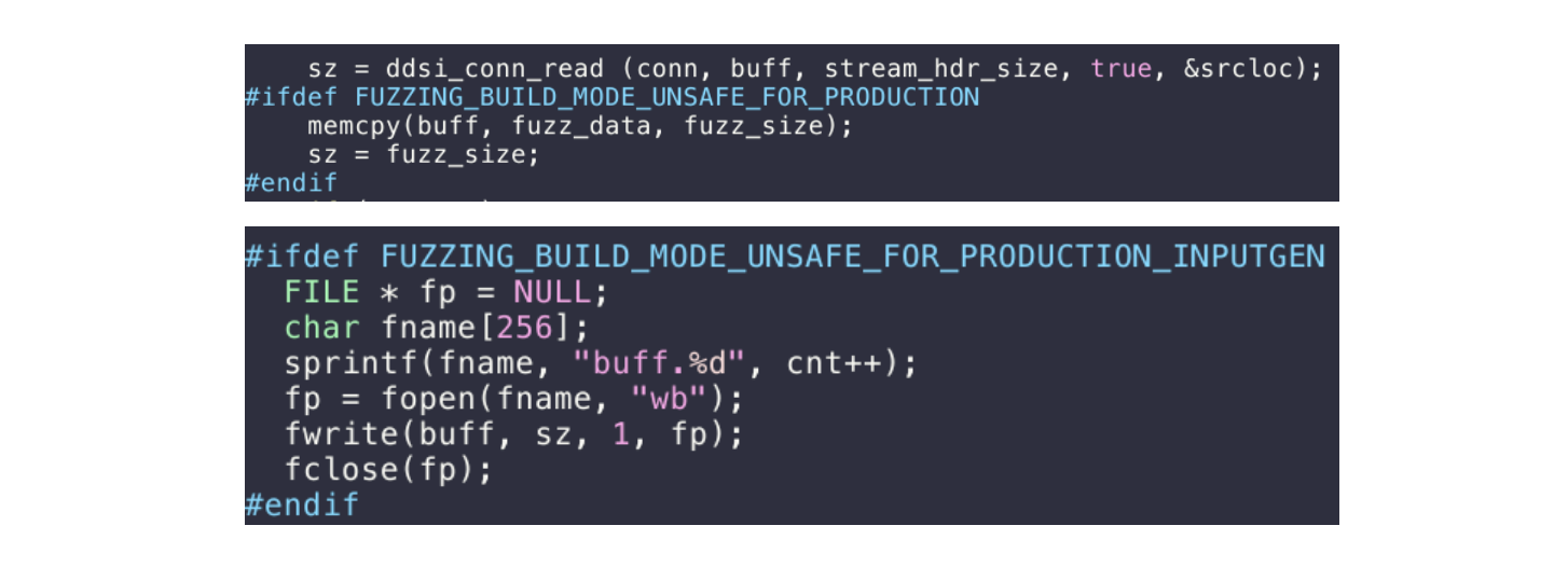 (Top screenshot) In some cases, we inserted a memcpy() to directly fuzz the input in the right place when it was not possible to further decompose the function into a smaller, self-contained fuzz target. In other cases, we used the original code to dump the data received by the de-serialization routine to verify that we found the right fuzz target (bottom screenshot). Reproduced from .