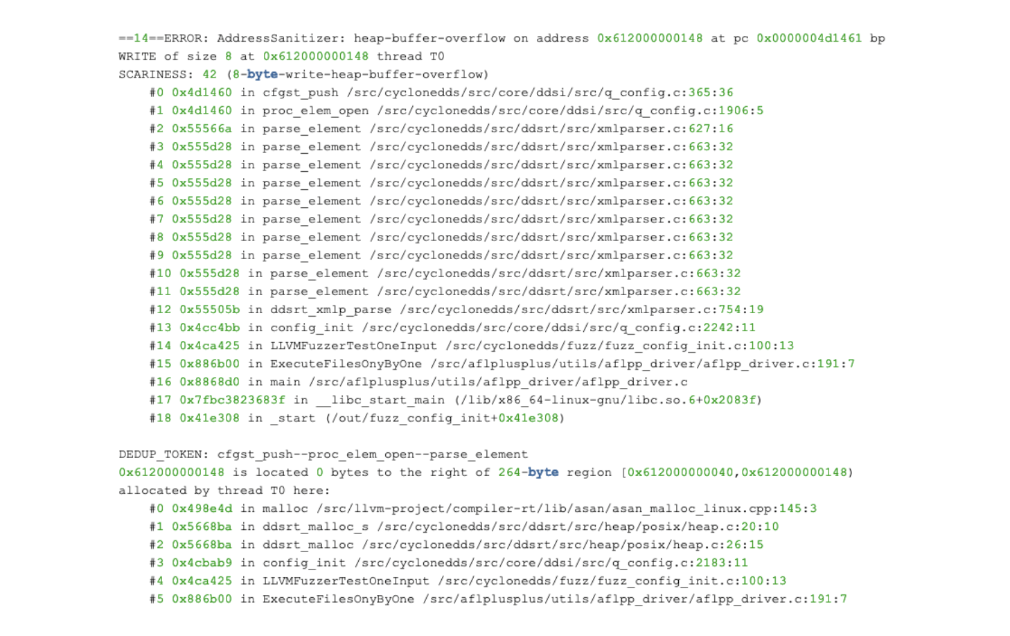 Backtrace of a crash found by libFuzzer on Cyclone DDS, which led us to CVE-2021-38441, a multi-byte heap-write primitive. Reproduced from .