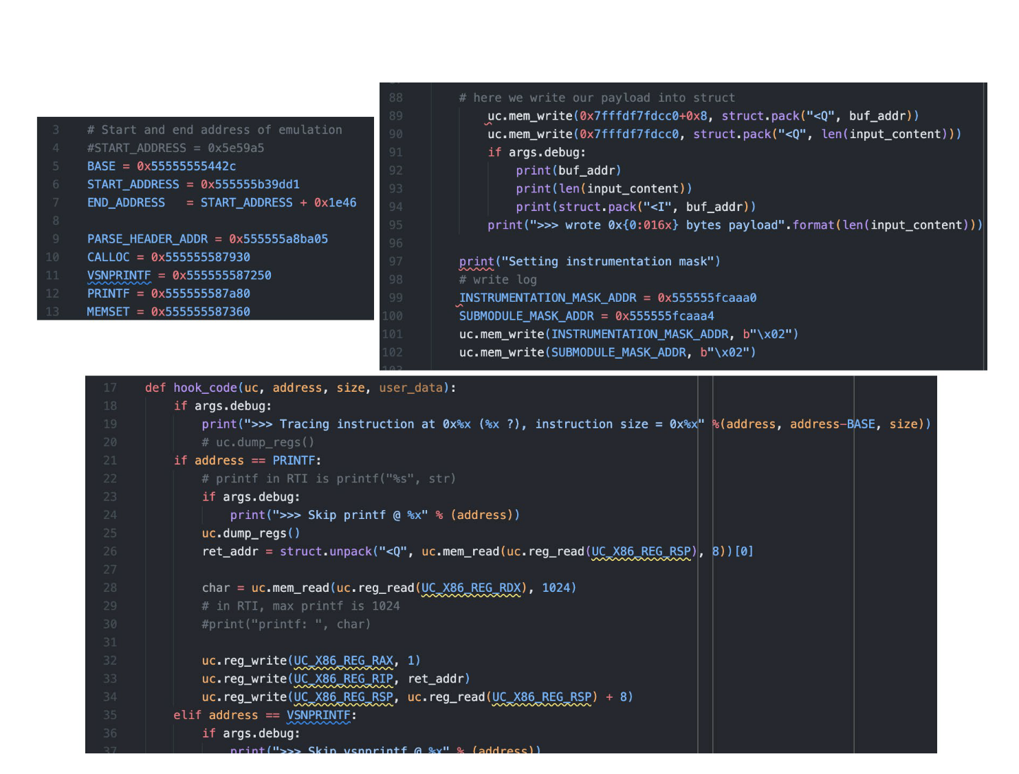 We used the debug trace and the decompiled code (see Figure 1.21) to create a harness for UnicornAFL. Reproduced from .