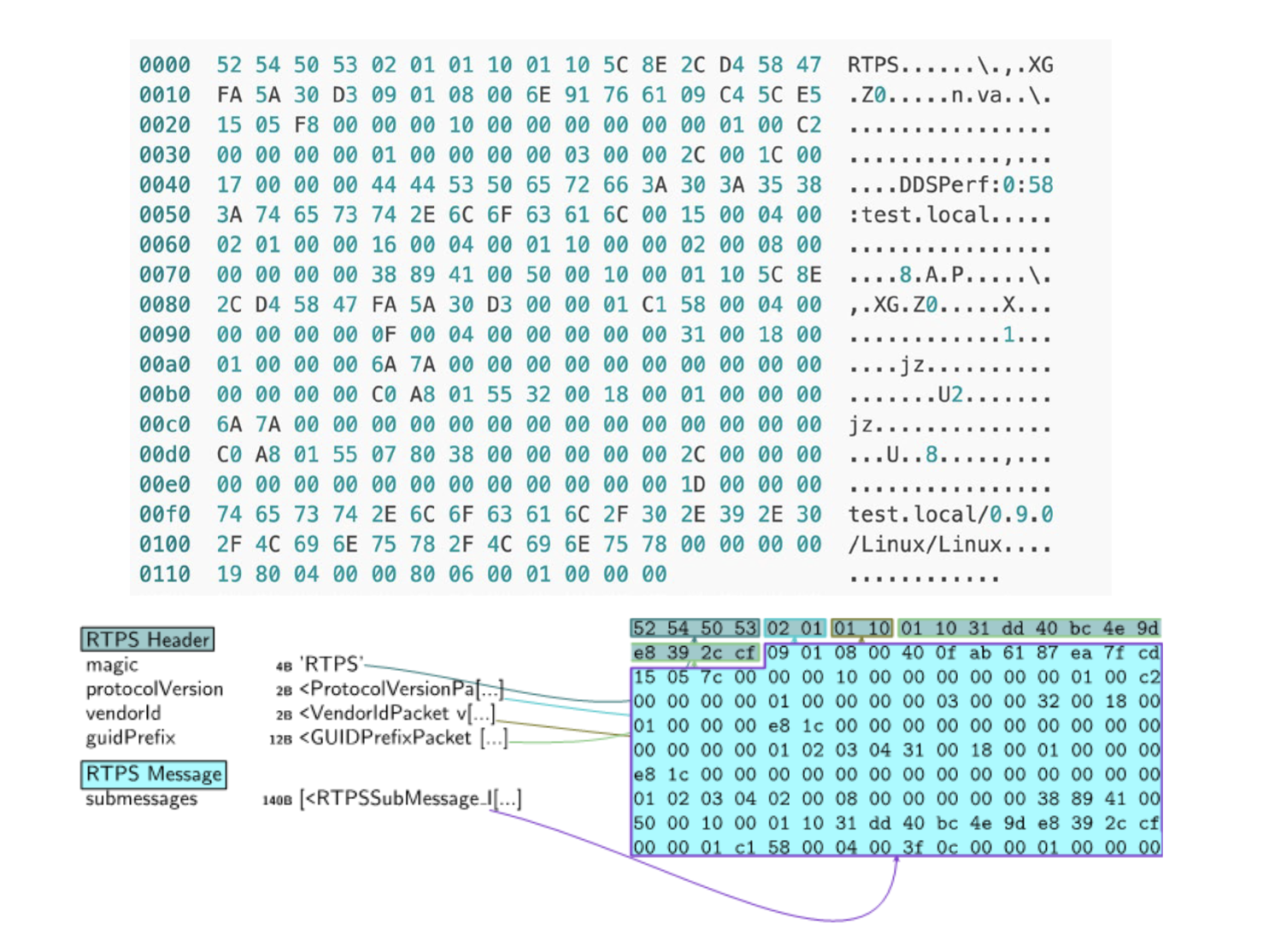 The UDP payload contains the RTPS header and subsequent data. Reproduced from .