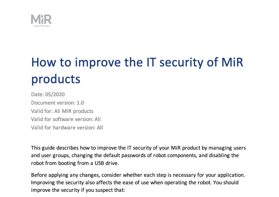Captures from Mobile Industrial Robots (MiR) documentation indicating a purely IT security approach.
