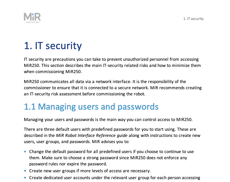 Captures from Mobile Industrial Robots (MiR) documentation indicating a purely IT security approach.