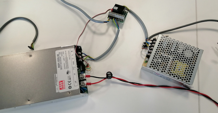 A safety relay and two PSUs identified, one for the compute logic (12V) and another one to power the actuators (48V).