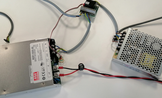 H) A safety relay and two power supply units (PSUs) identified, one for the compute logic (12V) and another one to power the actuators (48V).